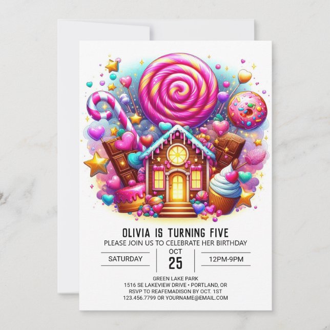 Invitación Cumpleaños Digital Lollipop Whimsy Candyland (Anverso)