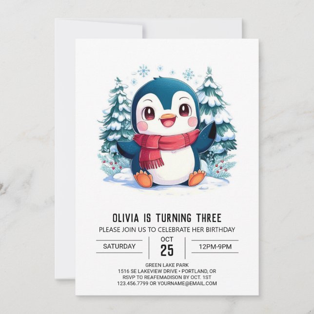 Invitación Cumpleaños digital pingüino de Bonito mística (Anverso)