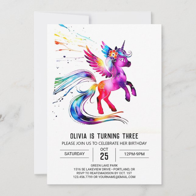 Invitación Cumpleaños Digital Purple Simple Unicornio (Anverso)
