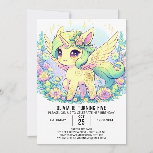 Invitación Cumpleaños Digital Unicorn, Chica floral (Anverso)
