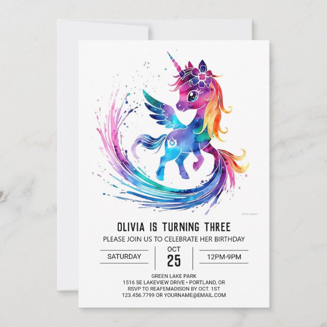 Invitación Cumpleaños Digital Unicornio Adorable personalizad (Anverso)