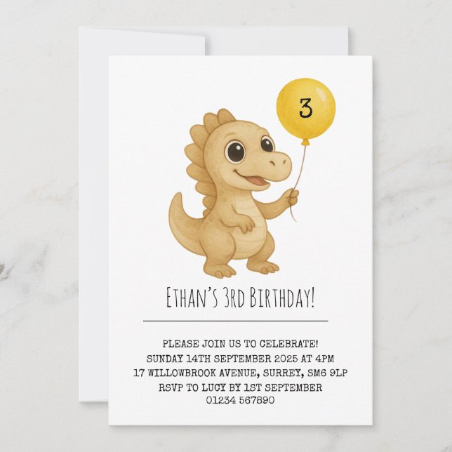 Invitación Cumpleaños Dinosaurio Beige Sonriente Globo Amaril (Anverso)