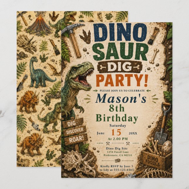 Invitación Cumpleaños Dinosaurio Dig (Anverso / Reverso)