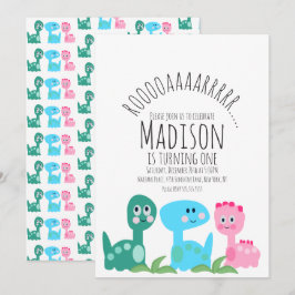Invitación Cumpleaños Dinosaurio Rosa Verde Azul Divertido Co