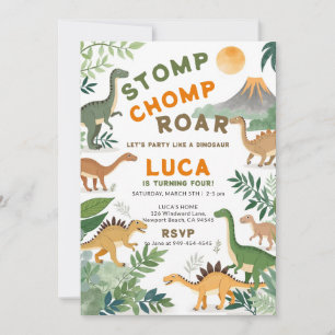 Invitación Cumpleaños Dinosaurio Selva Acuarela Verde Naranja