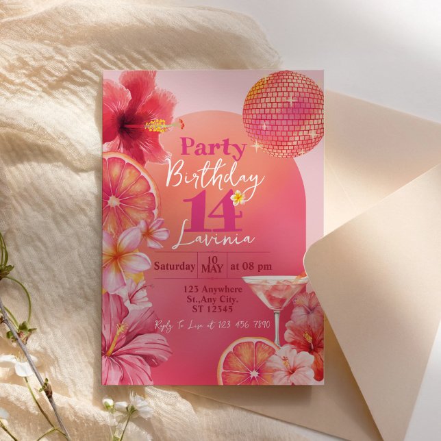 Invitación Cumpleaños Disco Tropical Citrus Rosa Caliente Bri (Hot Pink Citrus Tropical Disco Sparkle Birthday Invitation)