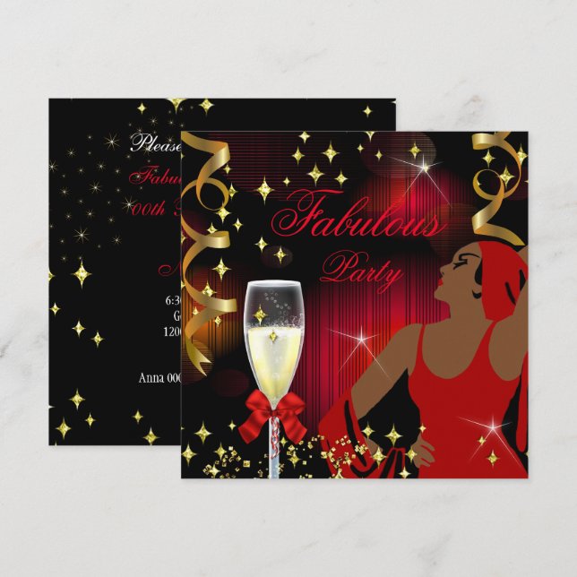 Invitación Cumpleaños Diva Brillo Rojo Fabuloso (Anverso / Reverso)
