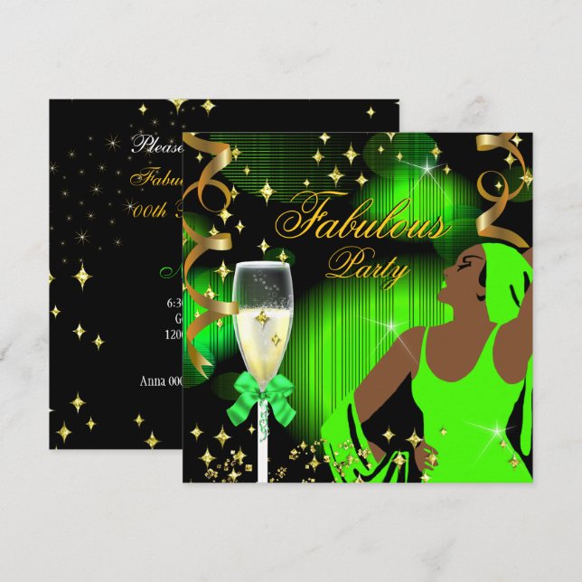 Invitación Cumpleaños Diva con Brillo Verde Lima Fabuloso (Anverso / Reverso)
