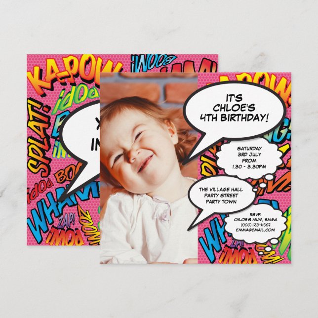 Invitación Cumpleaños divertido con foto moderna rosa para cu (Anverso / Reverso)