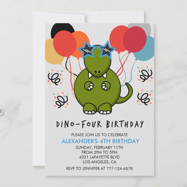 Invitación Cumpleaños divertido de 4 años de Dinosaurio globo (Anverso)