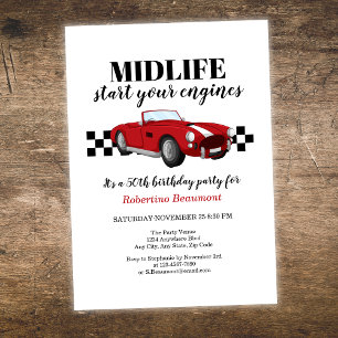 Invitación Cumpleaños divertido de 50 años con coche rojo vin
