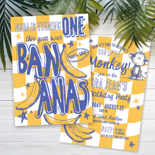 Invitación Cumpleaños divertido de BANANO moderno a cuadros M