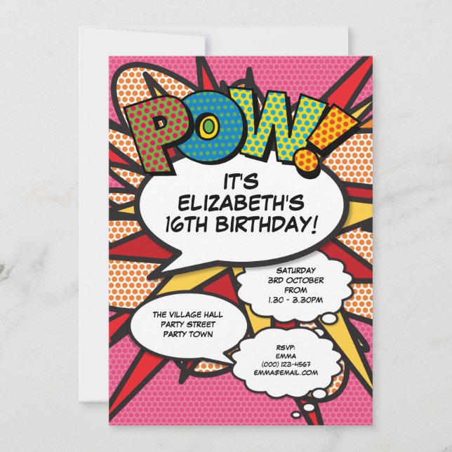 Invitación Cumpleaños divertido de cómic moderno rosa para cu (Anverso)