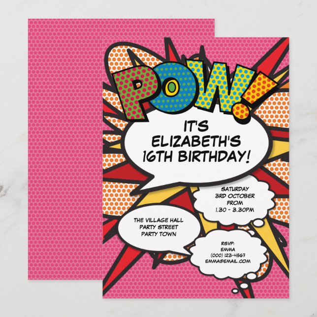 Invitación Cumpleaños divertido de cómic moderno rosa para cu (Anverso / Reverso)