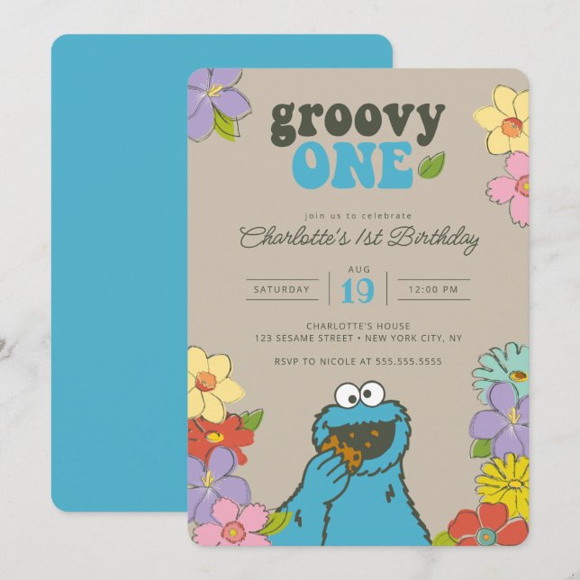 Invitación Cumpleaños divertido de Cookie Monster de Sesame S (Anverso / Reverso)