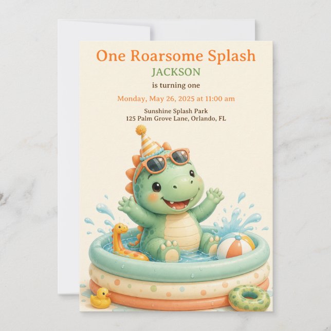 Invitación Cumpleaños divertido de Dino Splash Pool Party  (Anverso)