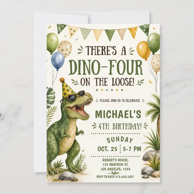 Invitación Cumpleaños divertido de dinosaurio 4 - Cumpleaños  (Anverso)