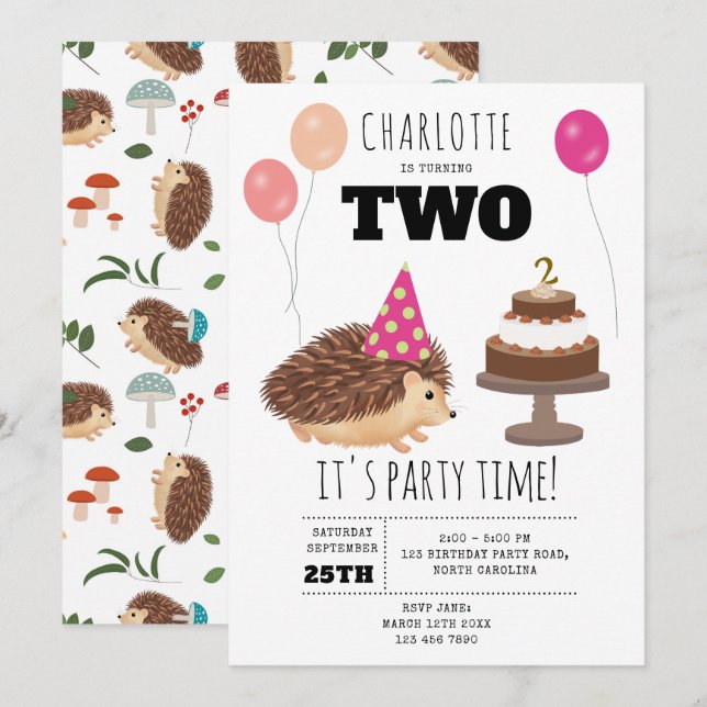 Invitación Cumpleaños divertido de erizo bosque de hongos (Anverso / Reverso)