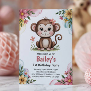 Invitación Cumpleaños divertido de mono rosa para niños de 1 