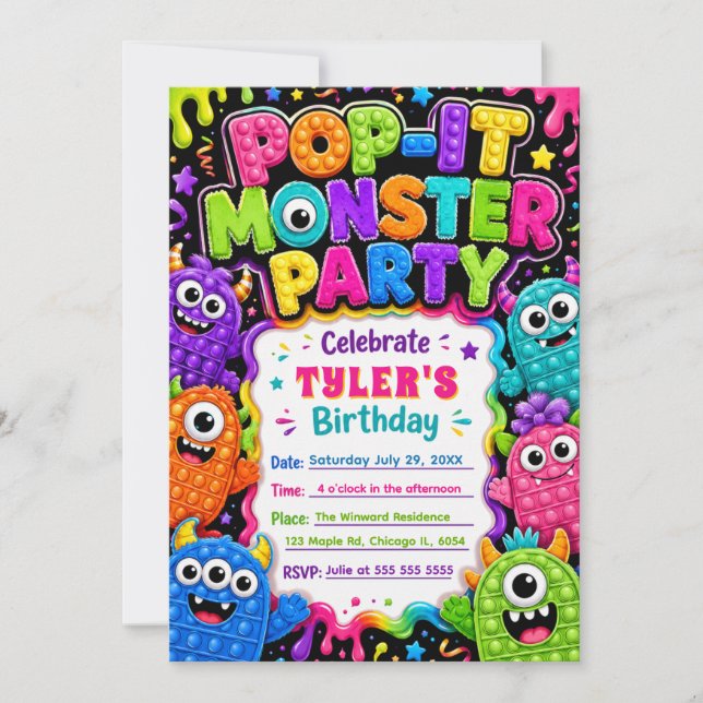 Invitación Cumpleaños Divertido de Monstruo Pop It (Anverso)
