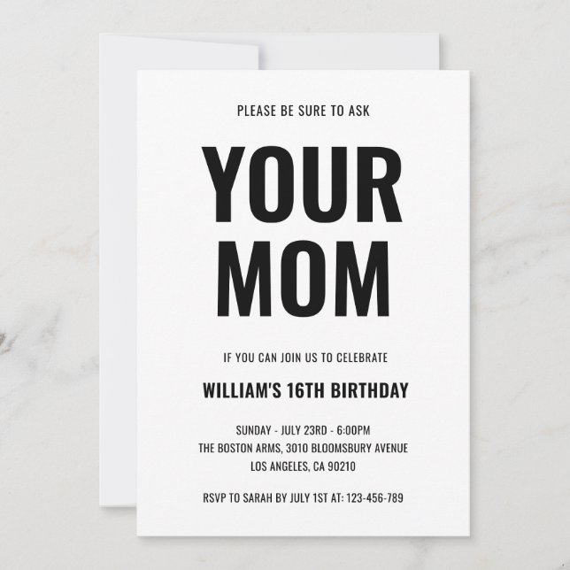 Invitación Cumpleaños divertido de tu mamá broma adolescente  (Anverso)