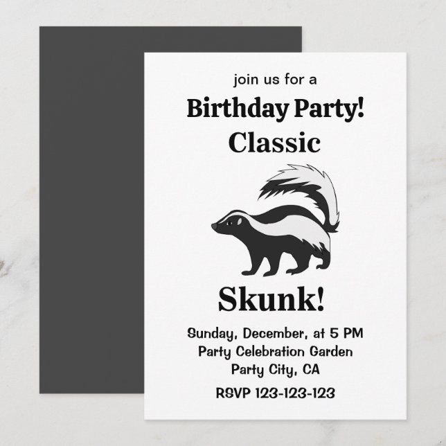Invitación Cumpleaños divertido del animal zorrillo (Anverso / Reverso)