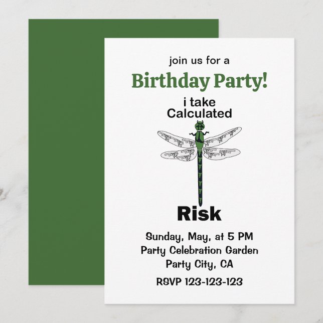 Invitación Cumpleaños Divertido 'Libélula Tomo Riesgos Calcul (Anverso / Reverso)