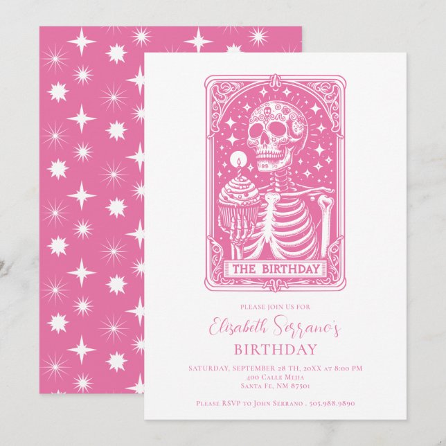 Invitación Cumpleaños divertido Tarot Rosa (Anverso / Reverso)