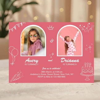 Invitación Cumpleaños doble conjunto de niñas fiesta rosa