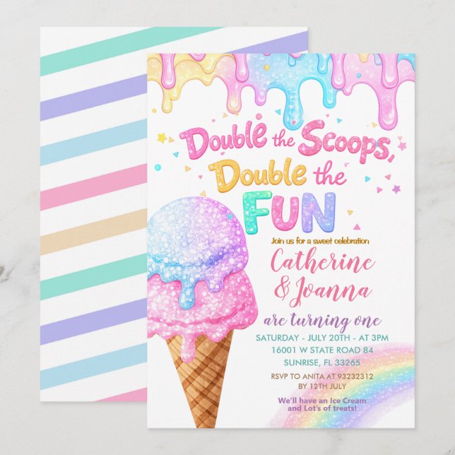 Invitación Cumpleaños Doble de Helado Brillo (Anverso / Reverso)