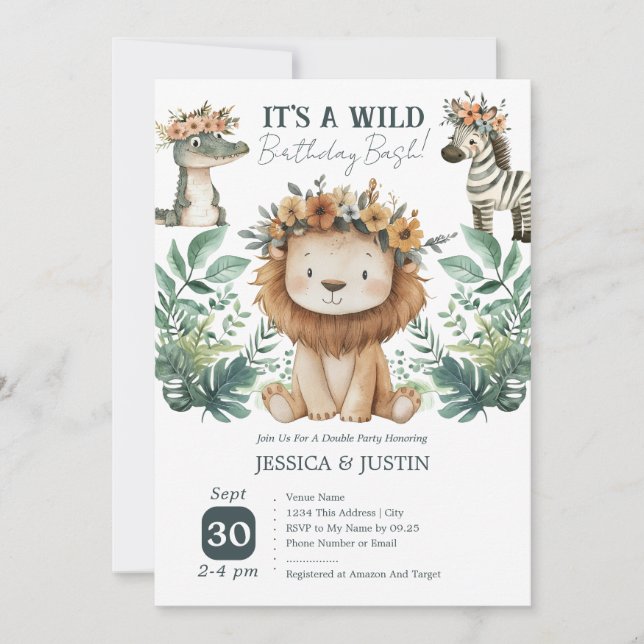 Invitación Cumpleaños doble de niños Boho Wild One León (Anverso)