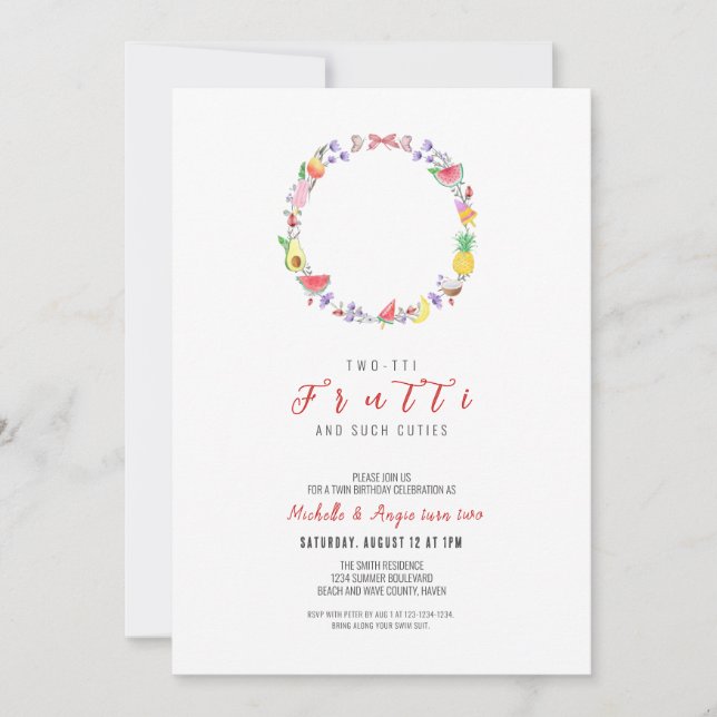 Invitación Cumpleaños doble Fruitti, segundo cumpleaños de ve (Anverso)