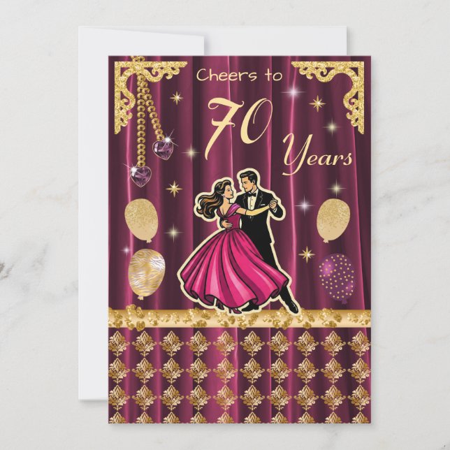 Invitación Cumpleaños dorado 70 con parejas bailando (Anverso)