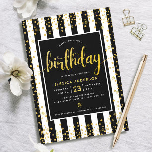 Invitación Cumpleaños dorado brillo guión rayas blancas y neg