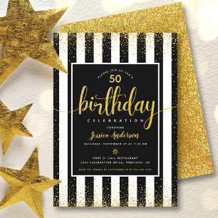 Invitación Cumpleaños dorado brillo script en negro año perso