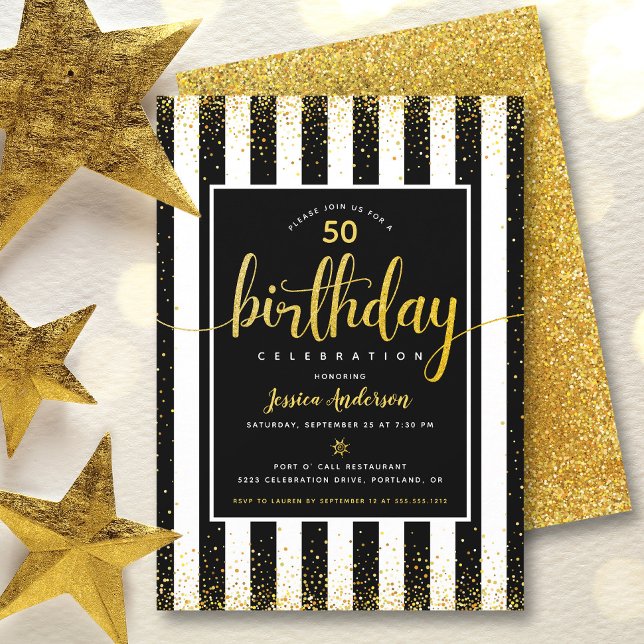 Invitación Cumpleaños dorado brillo script en negro año perso (Subido por el creador)