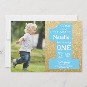 Invitación Cumpleaños dorado con brillo y foto azul