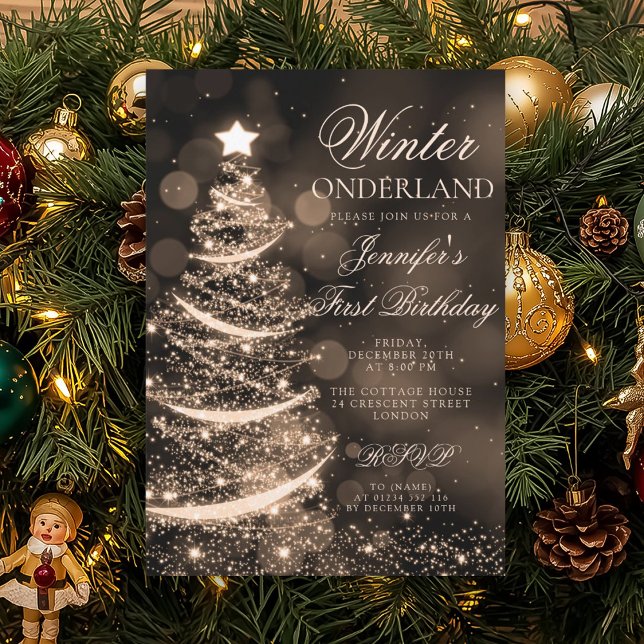 Invitación Cumpleaños dorado de Navidad de invierno Onederlan (Gold Christmas Winter Onederland 1st Birthday Invitation)