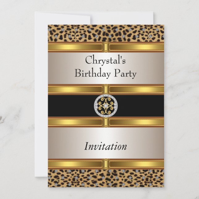 Invitación Cumpleaños Dorado Estampado Leopardo (Anverso)