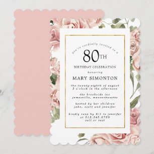 Invitación Cumpleaños dorado floral de rosa polvorienta rosa