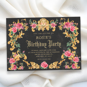 Invitación Cumpleaños dorado floral victoriano ornamentado