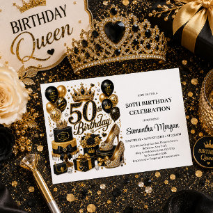 Invitación Cumpleaños Dorado Negro Lujo Brillo Cincuenta Y Fa