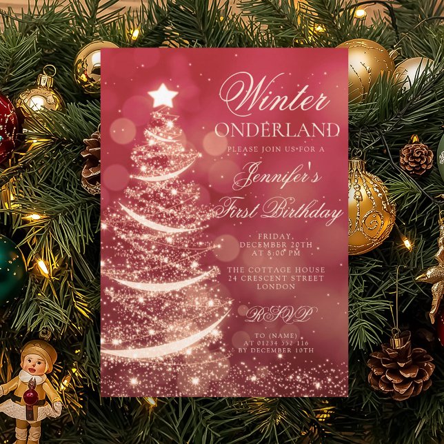 Invitación Cumpleaños dorado rojo de Navidad invierno Onederl (Gold Red Christmas Winter Onederland 1st Birthday Invitation)