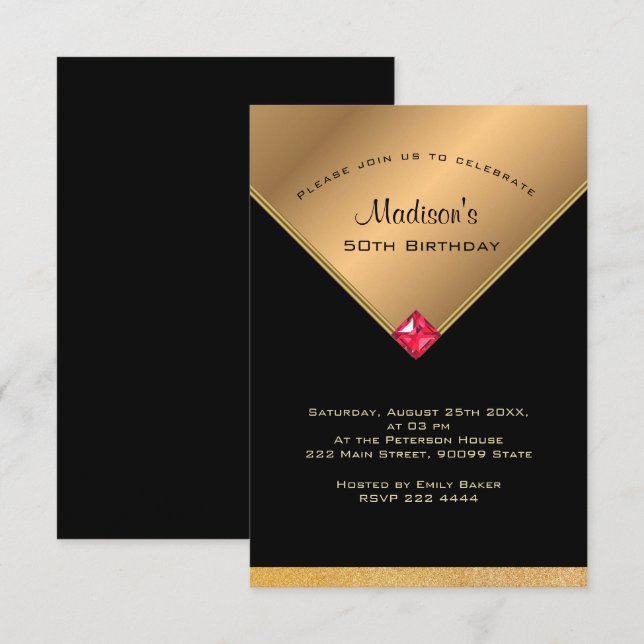 Invitación Cumpleaños dorado y negro (Anverso / Reverso)