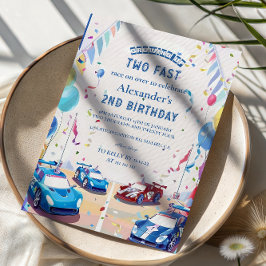 Invitación Cumpleaños Dos Autos de Carreras Azules Rápidos