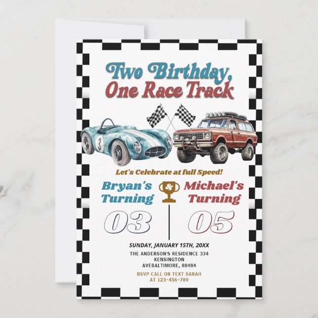 Invitación Cumpleaños Dos Carros Dobles Race Track Cumpleaños (Anverso)