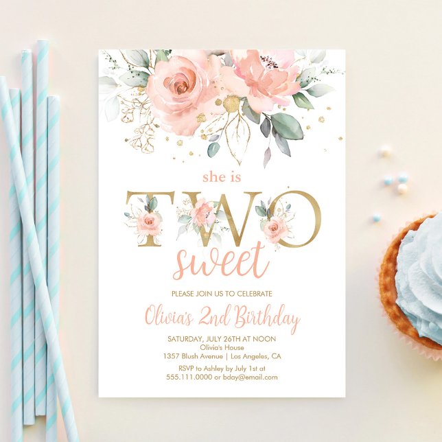 Invitación Cumpleaños dos dulce rosa floral dorado segundo (Subido por el creador)
