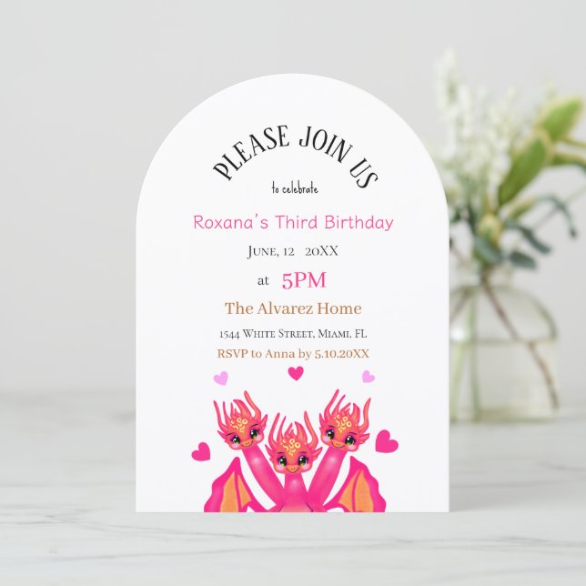 Invitación Cumpleaños Dragón Rosa tema (Anverso de pie)