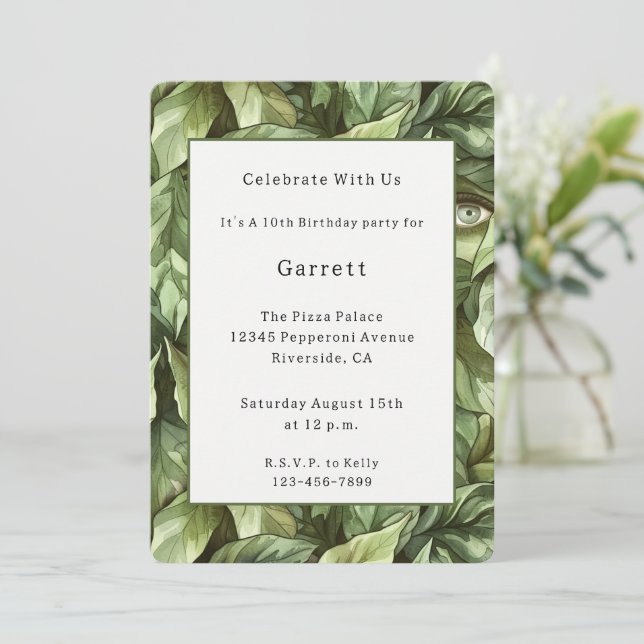Invitación Cumpleaños Duende Ojos Hojas Verdes (Anverso de pie)