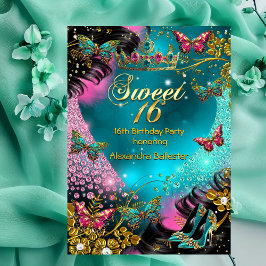 Invitación Cumpleaños dulce 16 azul verde rosa mariposa
